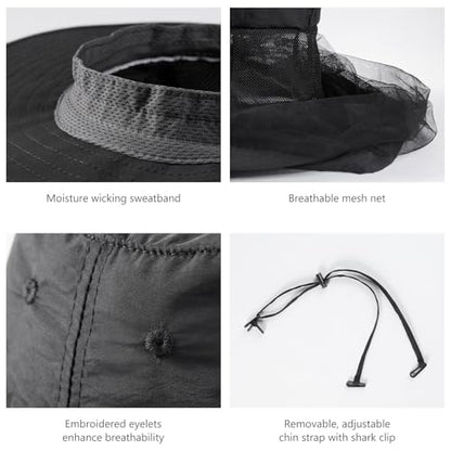 BASSDASH UPF 50+ Mosquito Sun Hat with Hidden Head Net and Neck Flap for Men Women Outdoor Fishing Hiking Camping - color: Black