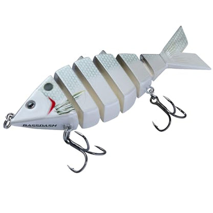 BASSDASH Bone Swimbait Multi Jointed Hard Fishing Lure for Bass Trout Bluegill Pike with Angled Cut Segments - color: White Shad