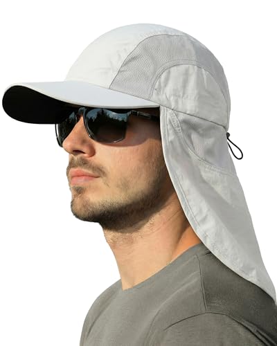 Mens Sun Hat with Breathable Mesh Sun Hats for Men Sun Protection Fishing Hat with Neck Flap for Hiking Cycling - color: Light Grey