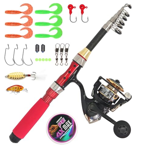 Portable Compact Small Fishing Rod and Reel Combos, 4.9Ft Telescopic Fishing Pole and Metal Spool Reel with Line, Hook, Lure, Bag for All Season Travel Fishing, for Teens & Beginners - color: Red- Full Kits