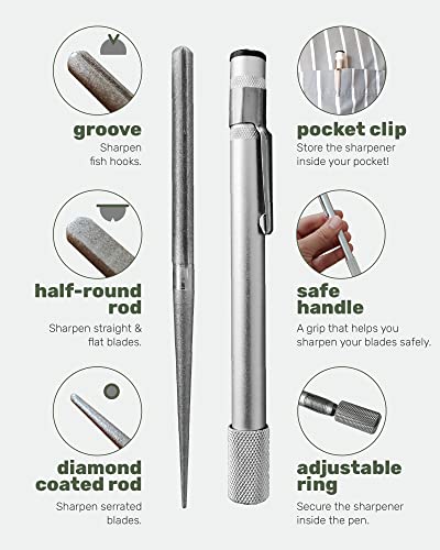 Wamery Serrated Knife Sharpener - Retractable Diamond Rod Pocket Sharpener for Serrated & Straight Blades - Multifunctional Sharpening Tool for Outdoor Kitchen Fishing Hunting (Silver) - color: Silver