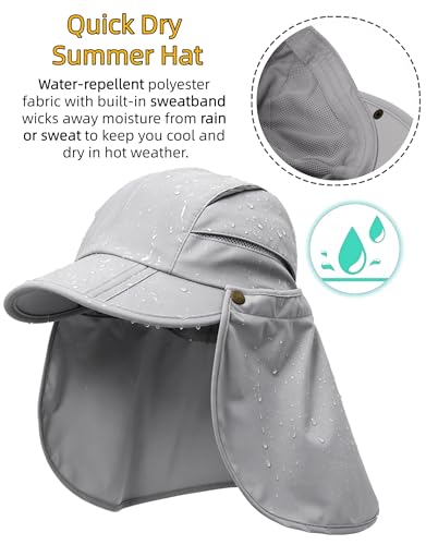 Men Women Safari Fishing Sun Cap with Removable Neck Flap UPF 50+ UV Protection Quick Dry Breathable Hats - color: Light Grey