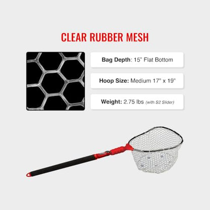 EGO S2 Slider Fishing Net Handle | Adjustable Extension Handle, Minimal Water Drag Design, Ergonomic Foam Grip for Landing Nets - size: 29" to 60" Handle, 17" x 19" Hoop, style: Lightweight Non-tangle Clear Rubber Mesh