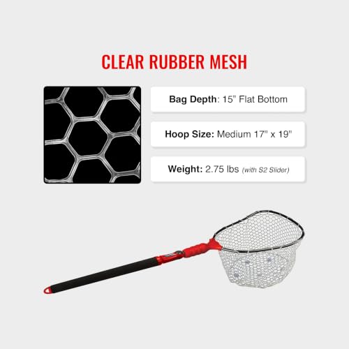 EGO S2 Slider Fishing Net Handle | Adjustable Extension Handle, Minimal Water Drag Design, Ergonomic Foam Grip for Landing Nets - size: 29" to 60" Handle, 17" x 19" Hoop, style: Lightweight Non-tangle Clear Rubber Mesh