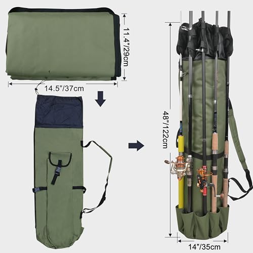 SILANON Fishing Rod Bag Pole Holder, Portable Fishing Rod Case Carrier Canvas Pole Storage Bag Travel Carry Case Waterproof Fishing Tackle Gear Organizer - color: Khaki Green