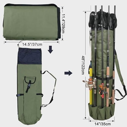 SILANON Fishing Rod Bag Pole Holder, Portable Fishing Rod Case Carrier Canvas Pole Storage Bag Travel Carry Case Waterproof Fishing Tackle Gear Organizer - color: Khaki Green