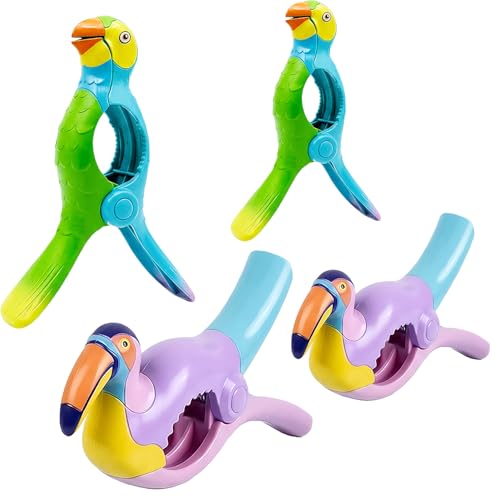 Towel Clips for Beach Chairs - Hurricane-Proof Clothes Pins, Premium ABS Heavy Duty Clothespins with Silicone Pads for Cruise Essentials, Beach & Pool Vacation, 4 Pack(Rainbow Bird + Parrot) - color: Rainbow Bird + Parrot