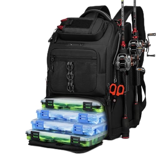 Fishing Tackle Backpack,40L Tackle Bag with 2 Rod Holders,Water-Resistant Large Storage Fishing Gear and Equipment(Black) - color: B-Black(Without tackle box)