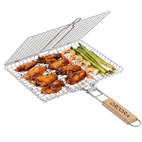 ORDORA Shallow Grill Basket, Fish Grill Basket, Rustproof Stainless Steel BBQ Folding Portable Grilling Rack for Meat, Steak,Vegetables, Grill Accessories - size: Shallow