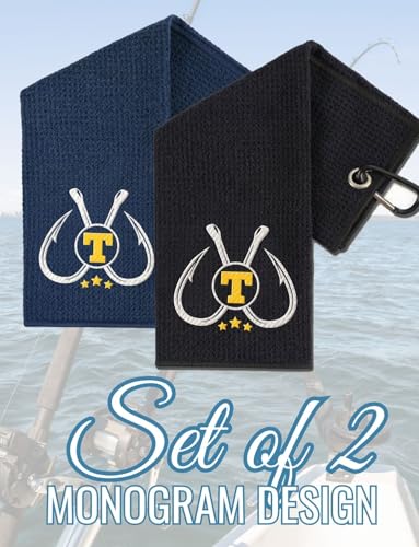 Embroidered Fishing Towels with Clip, Personalized Microfiber Towel Accessories for Fishing Lovers, 16x16 Inches, Pack of 2, Initial T - color: T