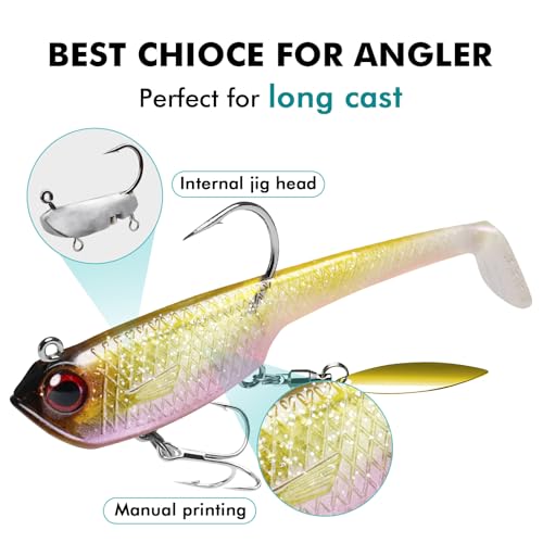 TRUSCEND Shadtale Easy Catch Soft Fishing Lures with BKK Hooks - Trembly Sinking and Vibrating Swim for More Bites, Pre-Rigged Swimbaits for Bass, Trout, Crappie, Walleye, Freshwater Saltwater Fishing - color: C1-3.2"-0.6oz