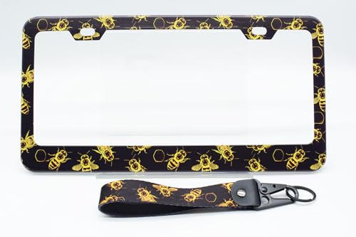 2-Pack Golden Honey Bee License Plate Frames for Women Man, 2 Holes Honey Bee Gold Bumblebee Aluminum License Plate Holder, Bee Themed License Plate Cover fits Vehicles with Keychain Wrist Lanyard - color: Golden Honey Bee, size: 2PCS