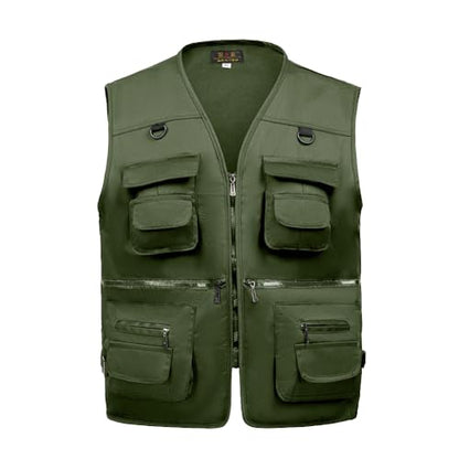 TOLOER Men's Summer Fishing Vest Multi Pockets Casual Vests Waterproof Quick Dry Outdoor Mountain Photography - color: Army Green, size: Medium