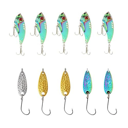 SHIAWASENA Fishing Spinners, 10pcs Trout Fishing Lures Kit, Inline Spinner Baits with Single Hooks &Treble Hooks & Fly Hooks, High-Reflective Flash Spoons for Trout, Salmon, Panfish, Bass, Pike - style: B#
