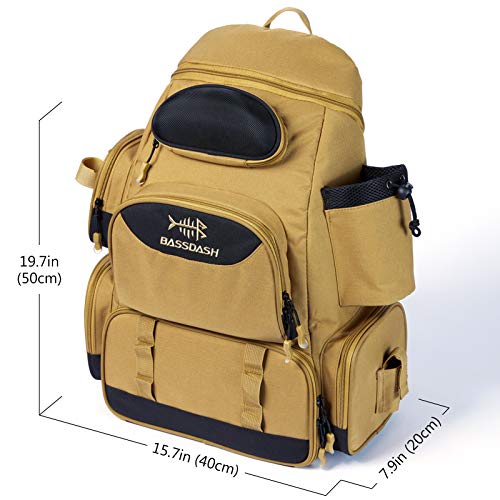 BASSDASH Fishing Tackle Backpack Water Resistant Tactical Bag Soft Tackle Box with Rod Holder and Protective Rain Cover - color: British Khaki Backpack [3600] Without Trays