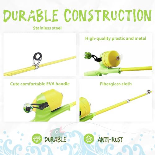 Kids Fishing Pole, Telescopic Fishing Rod, Toddler Collapsible Fishing Rod and Reel Combo with Tackle Box, Fishing Line, Bobber, and Soft Lures for Boy, Girl, Youth, Beginner, Over 4 Years Old - color: Grass Green & Sunny Lemon