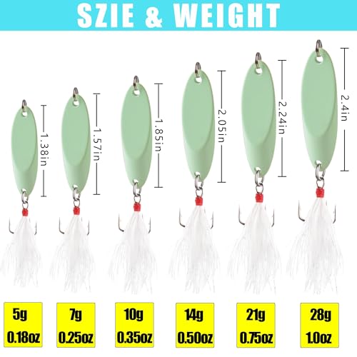 6PCS Fishing Jigs Lures Saltwater Luminous Fishing Spoons Lure Metal Treble Hooks Trout Lures Hard Metal Spinner Baits 5 Sizes Casting Spoon Hooks for Salmon Bass - size: 1/4oz (7g) - 6pcs