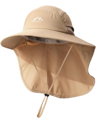 FURTALK Sun Hats for Men Women Fishing Hat with Neck Flap Chin Strap UPF 80+ Wide Brim Hiking Safari Summer Hats - color: Khaki