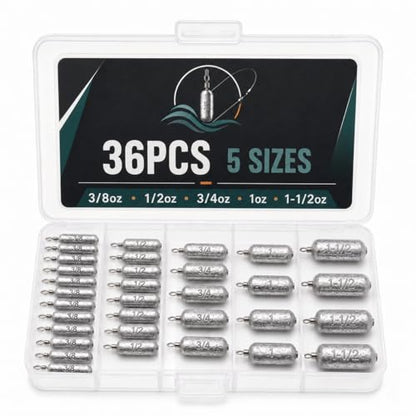 Pencil Drop Shot Weights, 24pcs/36pcs 3 Sizes/5 Sizes Lead Sinkers with Double Wire Loop Swivels, Heavy Rig Sinkers for Deep Water Bass Fishing, Freshwater Drop Shot Rig with Storage Box - size: 36 PCS/ 5 Sizes