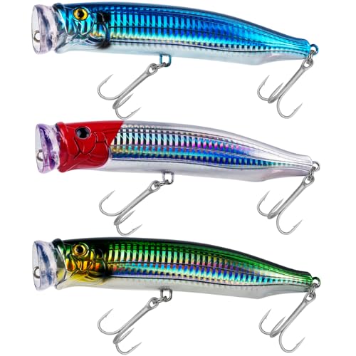 THKFISH Popper Lures Saltwater Tuna Popper Topwater Fishing Lures for Surf Fishing Bass with 3D Eyes for GT Tuna Large Fish 5.9in 1pc/3pcs - color: 3PCS-BLUE-RED-GRN
