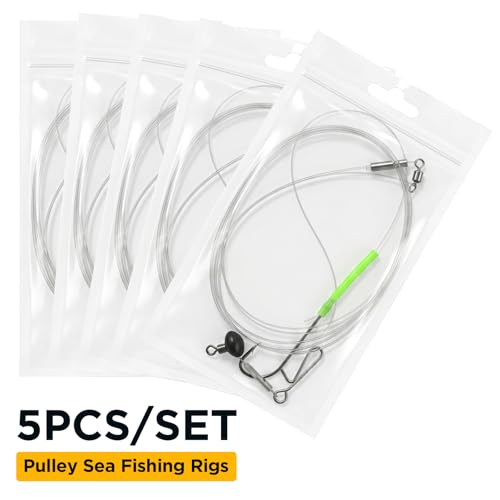 DONQL 5pcs Sea Fishing Rigs, Pre Tie Flapper Pulley Rigs Single Hooks, Deep Drop Snapper Rig for Beach Casting Shore Fishing Flounder Halibut Whiting Striped, 3 Size Available1/0, 2/0, 3/0