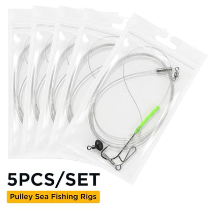 DONQL 5pcs Sea Fishing Rigs, Pre Tie Flapper Pulley Rigs Single Hooks, Deep Drop Snapper Rig for Beach Casting Shore Fishing Flounder Halibut Whiting Striped, 3 Size Available1/0, 2/0, 3/0