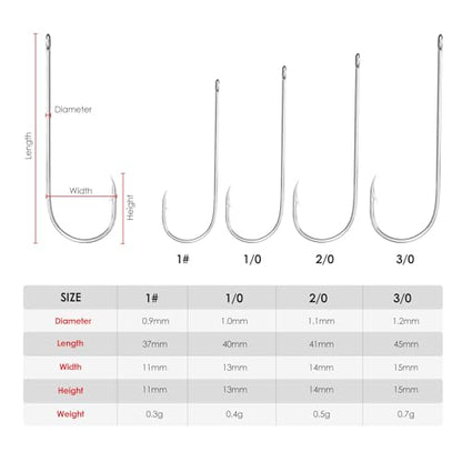 60pcs Aberdeen Sea Fishing Hooks, Large Barbed Aberdeen Hooks, Long Shank and Wide Gape Size 1#, 1/0, 2/0, 3/0, Light Fishing Hooks High Carbon Steel (60 Pcs, Mixed)