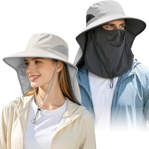 2 Pack Women Men Outdoor Wide Brim Sun Hat with Neck Face Flap,UPF 50+ Protection Fishing Garden Work Hat with Ponytail Hole - color: Light Grey ＆ Beige