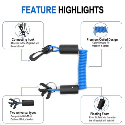 Floatable Boat Kill Switch Lanyard with Backup Key & Flotation Foam - color: Blue