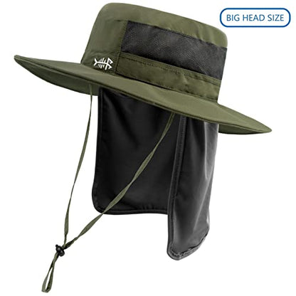 BASSDASH UPF 50+ Sun Fishing Hat Water Resistant with Detachable Neck Flap - color: Army Green - Big Head Size