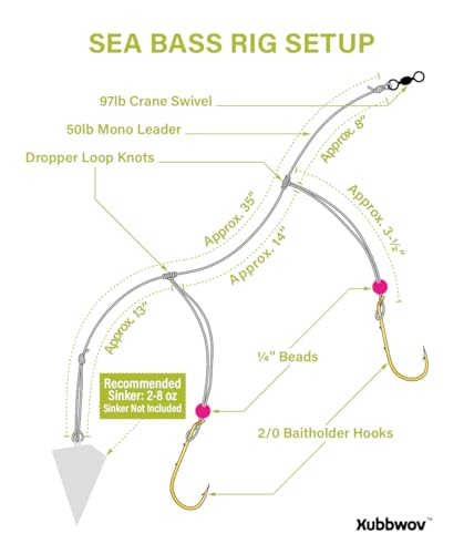 Sea Bass Rigs, Hand-Tied 6-Pack Hi-Lo Saltwater Fishing Rigs with 2/0 & 3/0 Gold Baitholder Hooks, 50lb Mono Leader, Sinker Loop & 97lb Swivel for Porgy, Fluke, Tautog and Bottom Fishing - size: 2/0 Baitholder