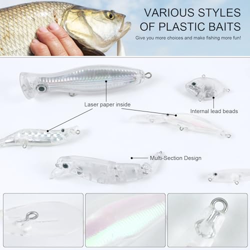 207Pcs Unpainted Fishing Lures Making Kit DIY Lure Blanks | DIY Jerkbait Crankbaits Minnow Hard Bait Set Include Treble Hook Split Rings Lure 3D Eyes Stickers