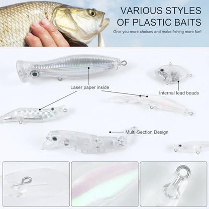207Pcs Unpainted Fishing Lures Making Kit DIY Lure Blanks | DIY Jerkbait Crankbaits Minnow Hard Bait Set Include Treble Hook Split Rings Lure 3D Eyes Stickers