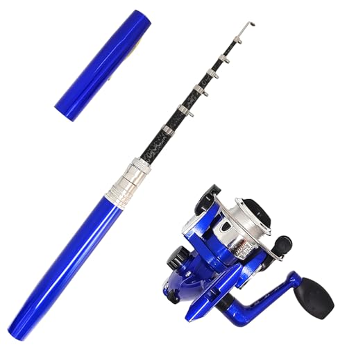 Portable Small Pen Fishing Rod Spinning Reel Combos, 38" 55" Compact Telescopic Fish Pole Kits for All Season Fishing in Rivers, Lakes, Ice, etc. - color: Blue - Pen Fishing Rod and Reel, size: 55inches / 140cm