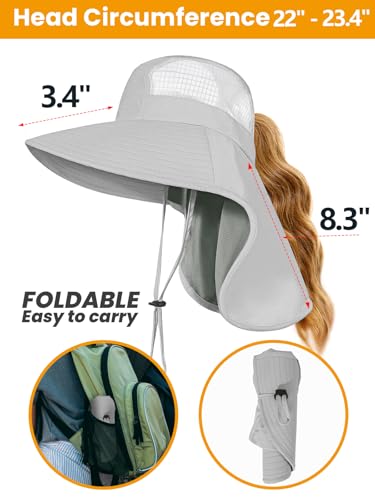 Sun Hats for Women UV Protection with Neck Flap Wide Brim Beach Hats with Ponytail Hole for Hiking Fishing Gardening Travel - color: Light Grey