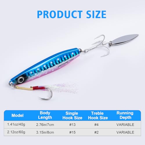 Goture Fishing Jigs, 40g 60g Vertical Jig Saltwater Freshwater, Jig Fishing Lures with Assist Hooks and Treble Hook, Jigging Spoon Lures for Tuna, Salmon,Striped Bass, Grouper Snapper,Kingfish - color: B1:3pcs Fishing Jigs, size: 2.12oz/60g