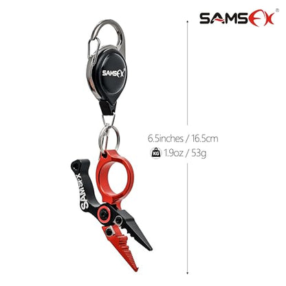 SAMSFX Mini Fishing Pliers with Fly Fishing Zinger Retractor, Fish Hook Remover Tool, Split Ring Pliers for Saltwater & Freshwater, Tungsten Carbide Cutters, Fishing Gear Gift for Anglers - color: Red