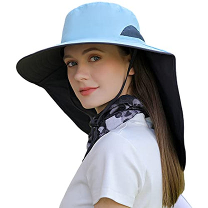 HUAMULAN Women Large Brim Sun Hat with Neck Flap, Men Quick Dry Hiking Fishing Safari Hat UPF 50+ - color: Hyp011-blue
