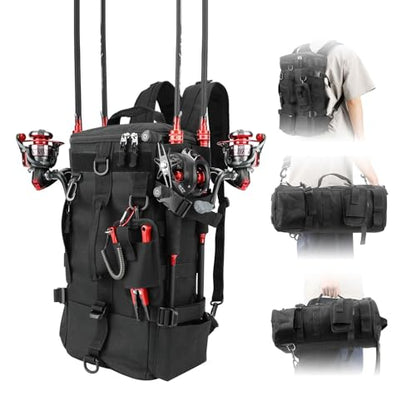 KOMCLUB Black Fishing Sling Tackle Storage Backpack, Large with Rain Cover‌ | Waterproof Outdoor Fishing Bag, Ideal Fishing Gifts for Men, Fits All-Day Fishing Trips - color: Black