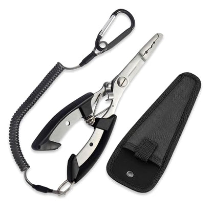 6.5 Inch Long Black Fish Pliers, Lockable Stainless Steel Fishing Tool with Lanyard, Durable Fishing Pliers with Line Cutter for Saltwater & Freshwater Hook Remover