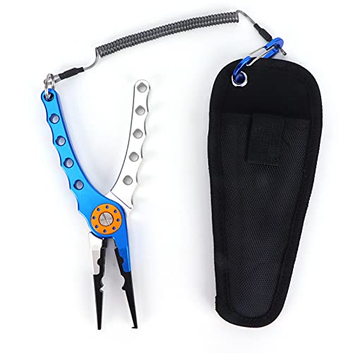 Fishing Pliers, Stainless Steel Jaw with Aluminum Handle for Hook Removal and Line Cutting with Wire Lanyard and Storage Bag Blue Silver - color: Blue Silver