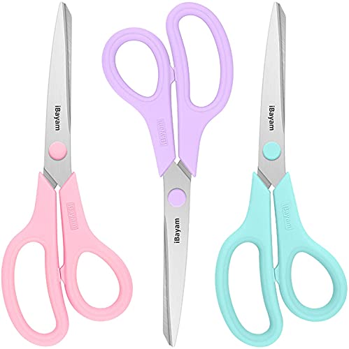iBayam 8.5" Scissors All Purpose, 2.5mm Sharp Blade, 3 Cute School Office | Soft Comfort-grip, Left/Right Handed, Cuts Cardboard, Fabric, Vinyl & Leather for Office, Classroom, School & Craft Desk - color: Pastel Pink, Soft Purple, Macaron Blue, size: 3-P