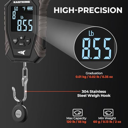 KastKing Weighmaster Mechanical-Digital Fishing Scale, 120 lb Capacity, 2.5" Backlit Display, High-Precision Sensor, 9 Weight Memory, Temperature Detection, IPX6 Waterproof, Fishing Gifts - style: A: Black