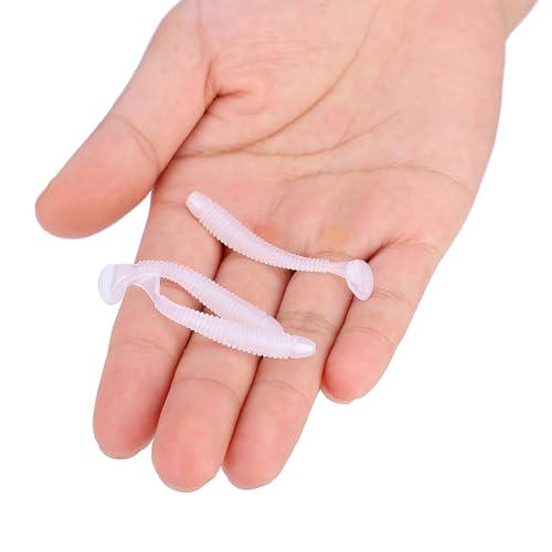 50PCS Fishing Lures Bass Worm Bait, 5cm Soft Plastic Fishing Lures T Tail Grub Worm Baits Fish Tackle Accessory - color: White