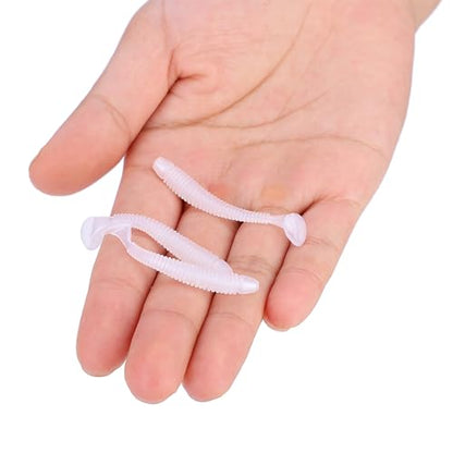 50PCS Fishing Lures Bass Worm Bait, 5cm Soft Plastic Fishing Lures T Tail Grub Worm Baits Fish Tackle Accessory - color: White