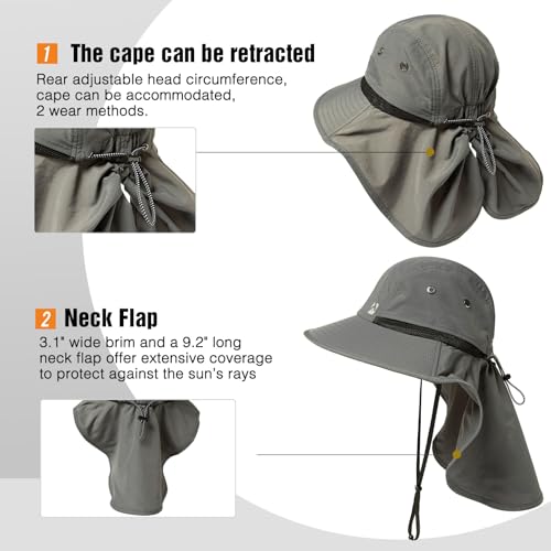 Oversized XL XXL Mens Sun Hat Big Head Neck Flap Shade Waterproof UPF50+ Wide Brim Hat Fishing Safari Hiking - color: Dark Grey, size: X-Large-XX-Large