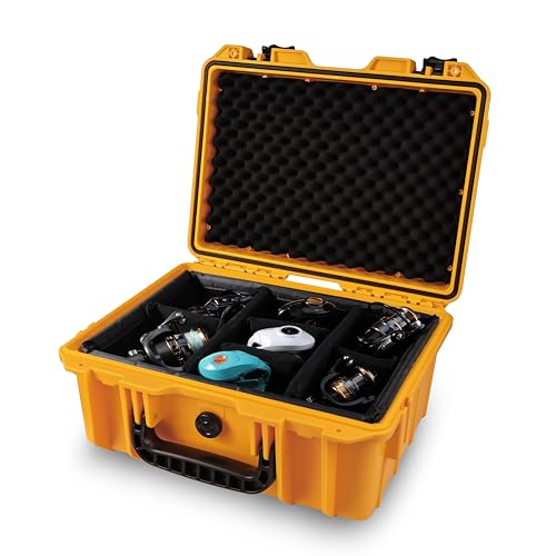 Fishing Reels Storage Case 15Inches,Heavy Duty Waterproof Fishing Wheel Protective Hard Case, Tackle Collection Holder Box, 9pcs Adjustable Shockproof Dividers (Yellow) - color: Yellow