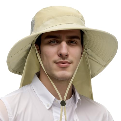 Catalonia Sun Hat for Men,Outdoor Wide Brim Hat with Neck Flap Cover for Fishing Hiking Safari Gardening - color: Tan / Side Mesh