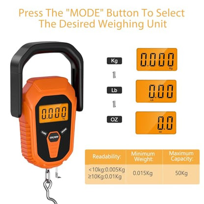 Fish Scale, Waterproof Floating Fishing Scale with Lip Gripper, 110lb/50kg Hanging Digital Fish Digital Scale, Floating with LCD Backlit, Tape Measure for Fishing Hunting, Batteries Included - color: Orange