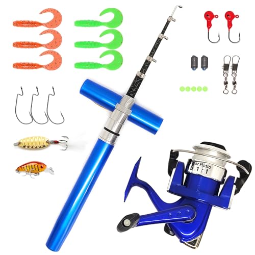 Portable Small Pen Fishing Rod Spinning Reel Combos, 38" 55" Compact Telescopic Fish Pole Kits for All Season Fishing in Rivers, Lakes, Ice, etc. - color: Blue - Full Kits, size: 38inches / 100cm